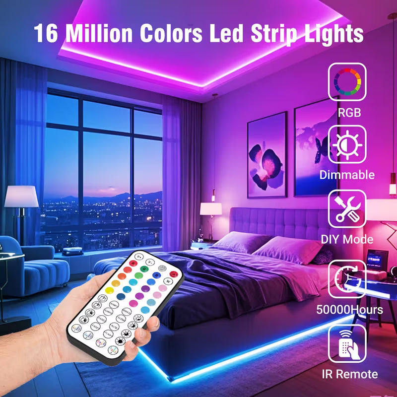 Bandă LED RGB 5 metri cu telecomandă – iluminare ambientală pentru cameră, birou, TV, gaming