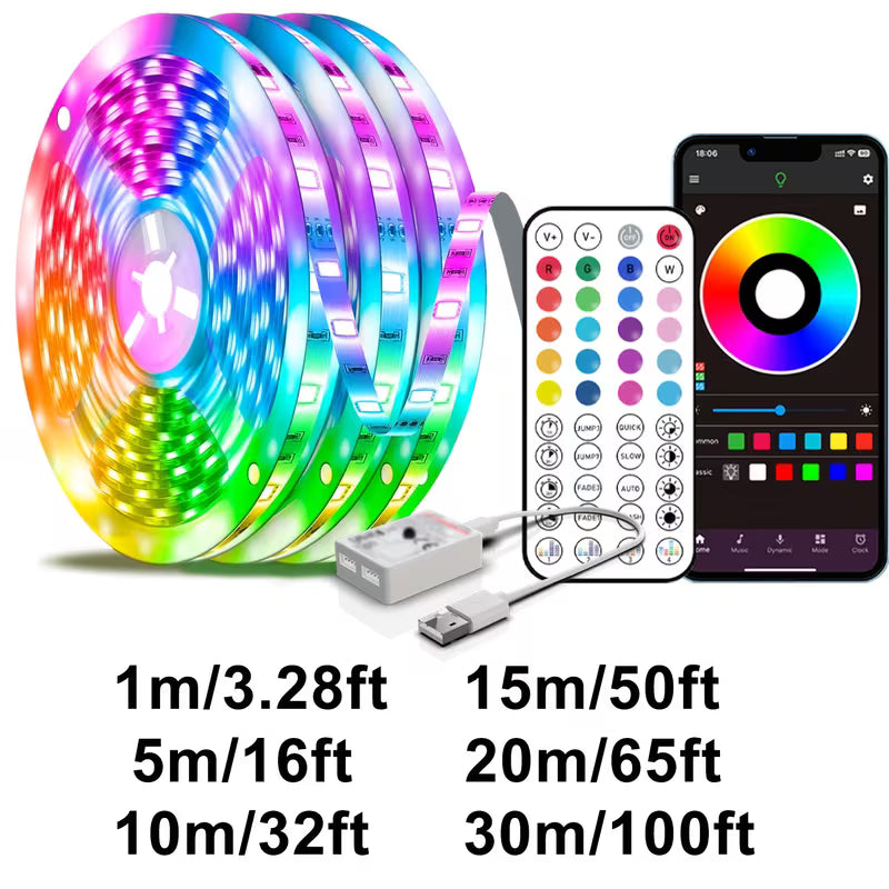 Bandă LED RGB 5 metri cu telecomandă – iluminare ambientală pentru cameră, birou, TV, gaming