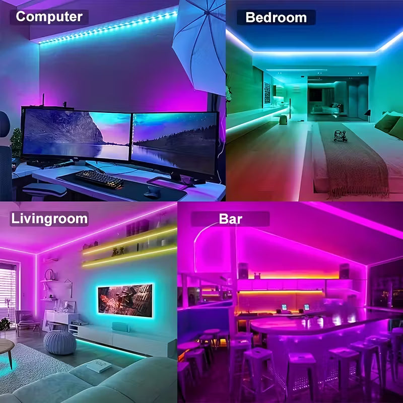 Bandă LED RGB 5 metri cu telecomandă – iluminare ambientală pentru cameră, birou, TV, gaming