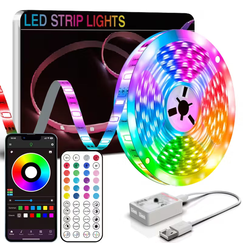Bandă LED RGB 5 metri cu telecomandă – iluminare ambientală pentru cameră, birou, TV, gaming
