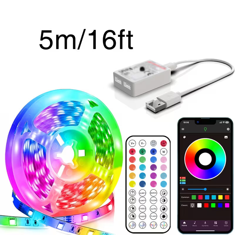 Bandă LED RGB 5 metri cu telecomandă – iluminare ambientală pentru cameră, birou, TV, gaming
